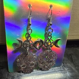 Triple Moon Goddess Sparkling Skull Hook Earrings, Stainless Steel Fixings